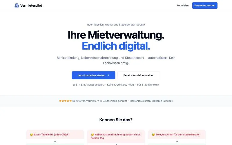 Vermieterpilot: Rent, bank import, Nebenkostenabrechnung and tax export for small landlords in Germany.