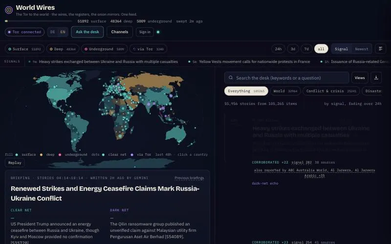 World Wires: News from about 155 sources on one live map, with briefings and alerts.
